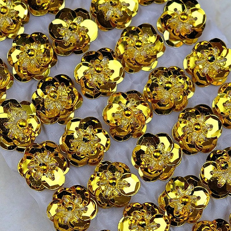 TATEELY 0.78"/2cm 3D Sequin Bead Flowers Patches Handmade Embroidery Sewing Beads Applique for Hair Clip Bags Brooch Wedding Dress Shoes Garment DIY Craft 50 Pcs/Set (Gold) - Image 1